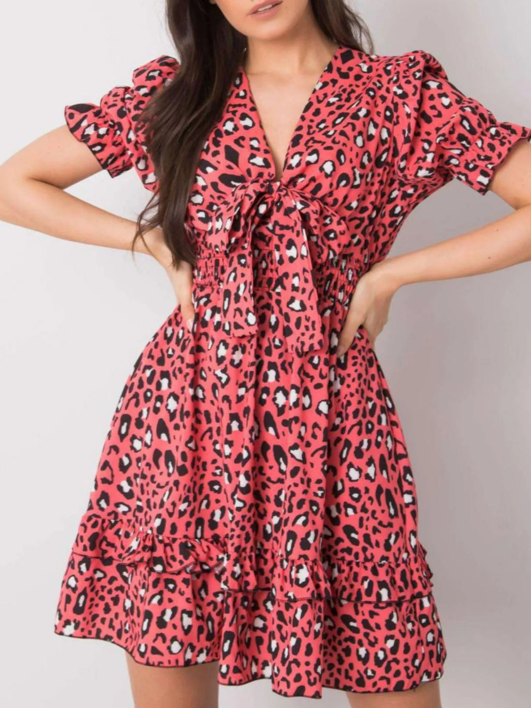 Leopard Print Tie Front Short Sleeve Mini Dress