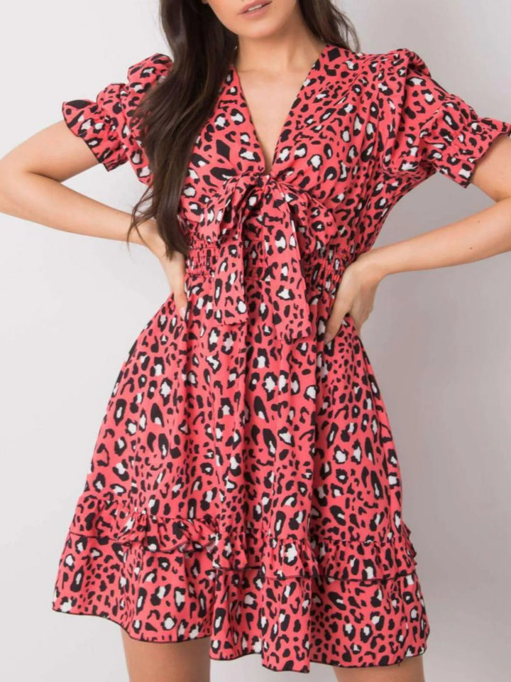 Leopard Print Tie Front Short Sleeve Mini Dress