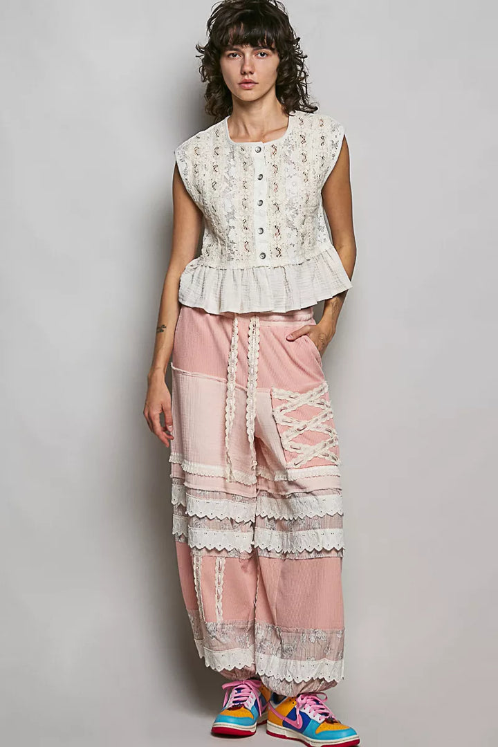 POL Round Neck Lace Sleeveless Top with Double Gauze Ruffle
