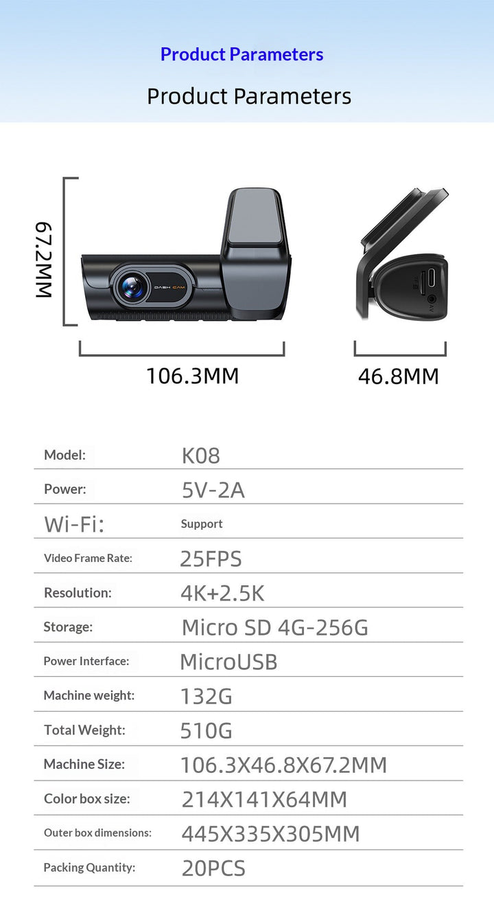 4K Dual Front & Rear Dash Cam, High Definition Car DVR Recorder
