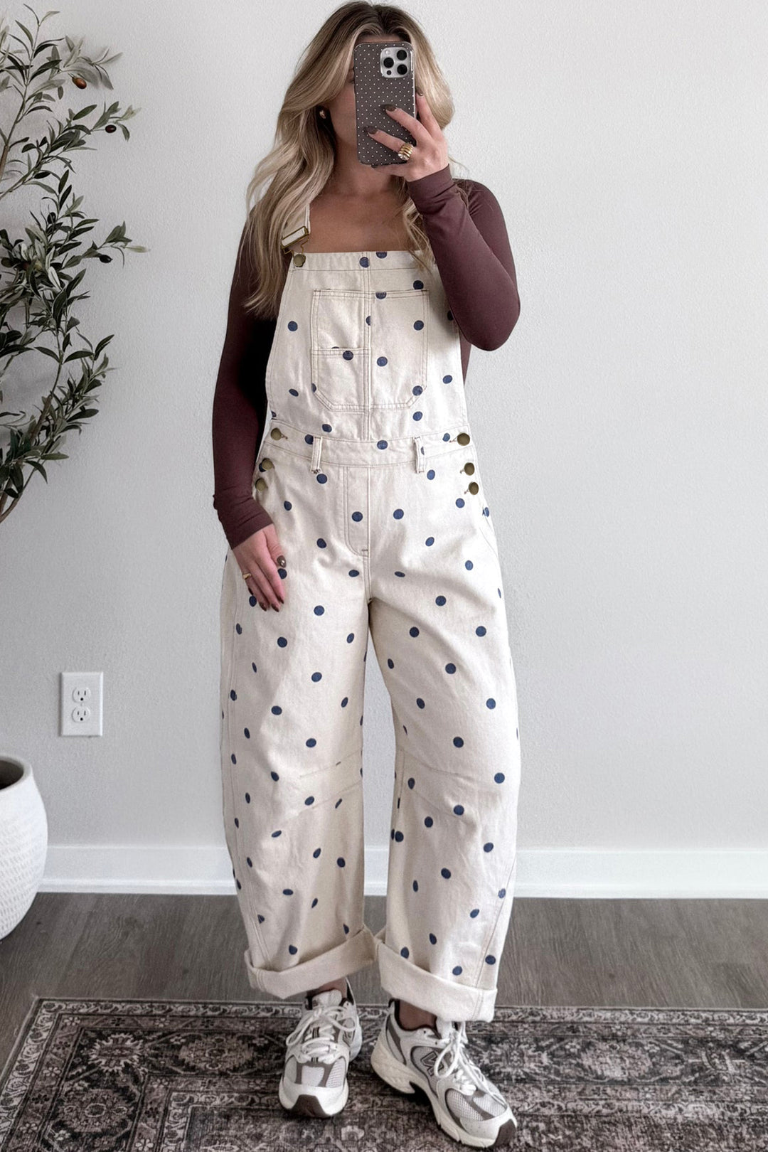 Phalaenopsis Polka Dot Print Bib Pocket Denim Barrel Overalls Jumpsuit