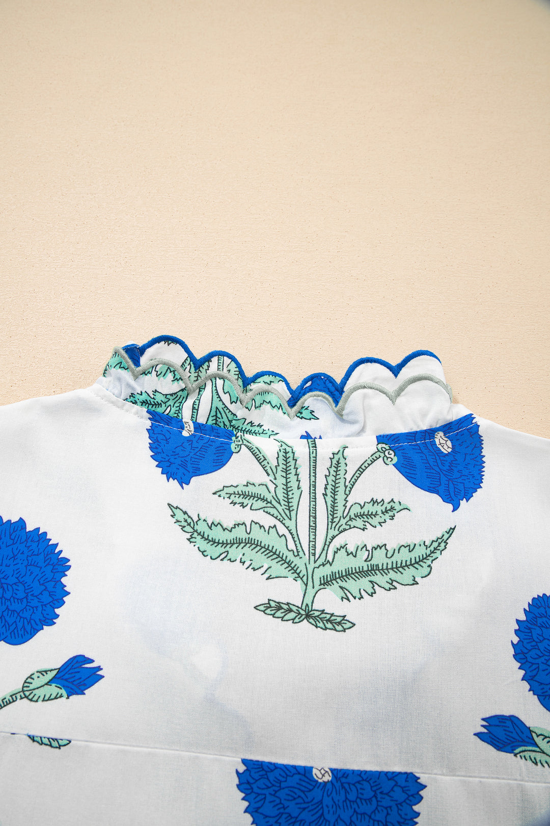 Blue Wild Flower Print Contrast Trim Scallop Detail Short Sleeve Blouse