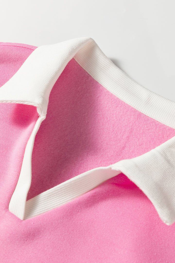 Bonbon Colorblock Polo Collar Floral Patchwork Puff Sleeve Top