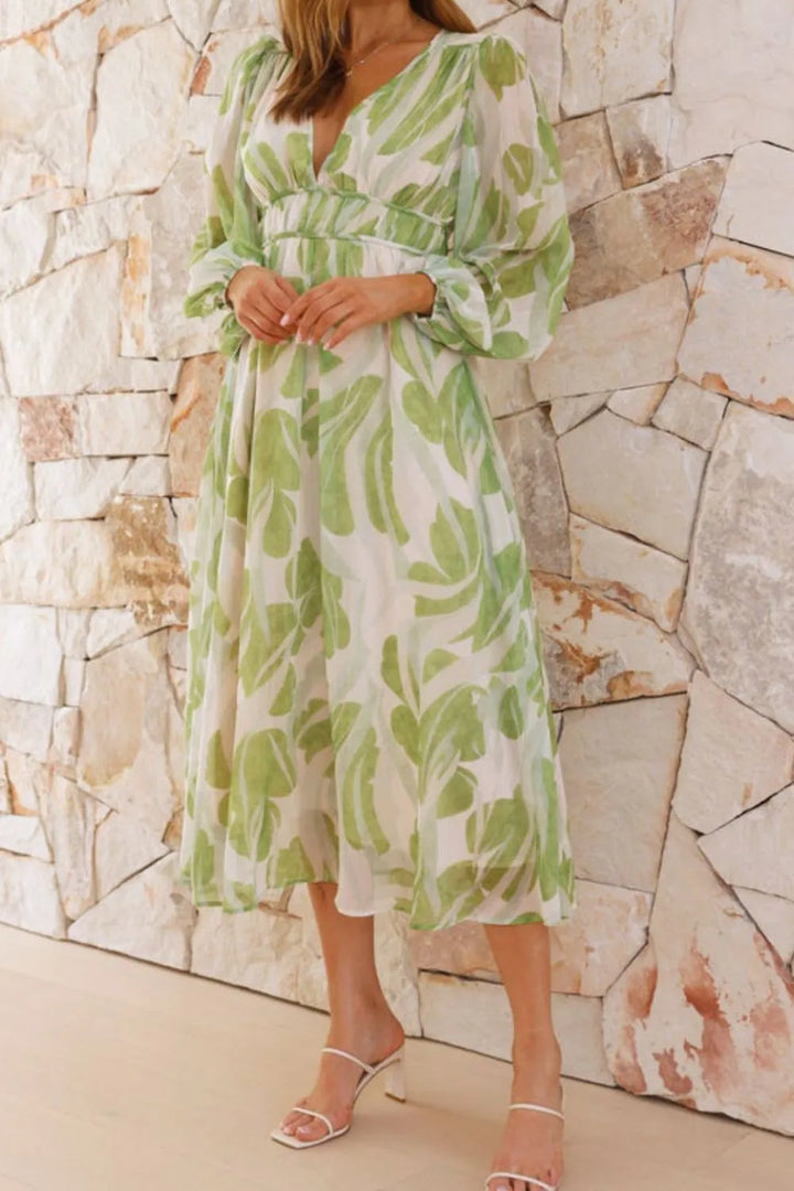 Printed V-Neck Long Sleeve Midi Dress