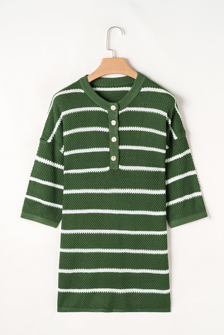 Green Stripe Henley Buttoned Placket Drop Shoulder Bracelet Sleeve Knit Sweater Tee