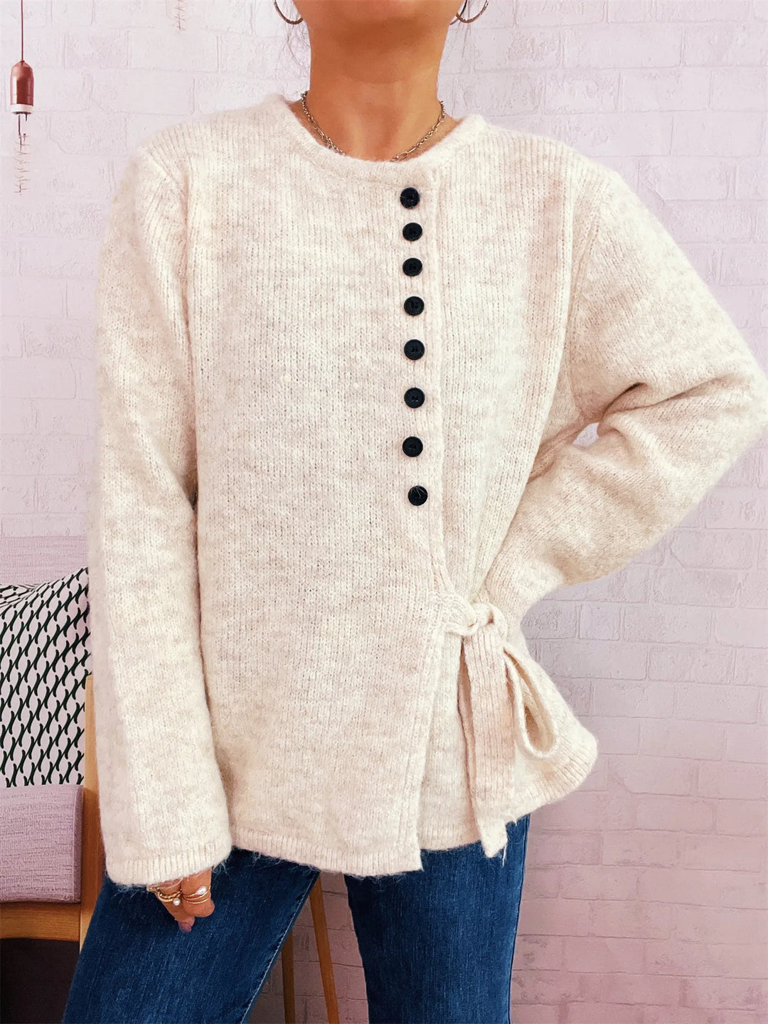 Button-Front Side-Tie Sweater