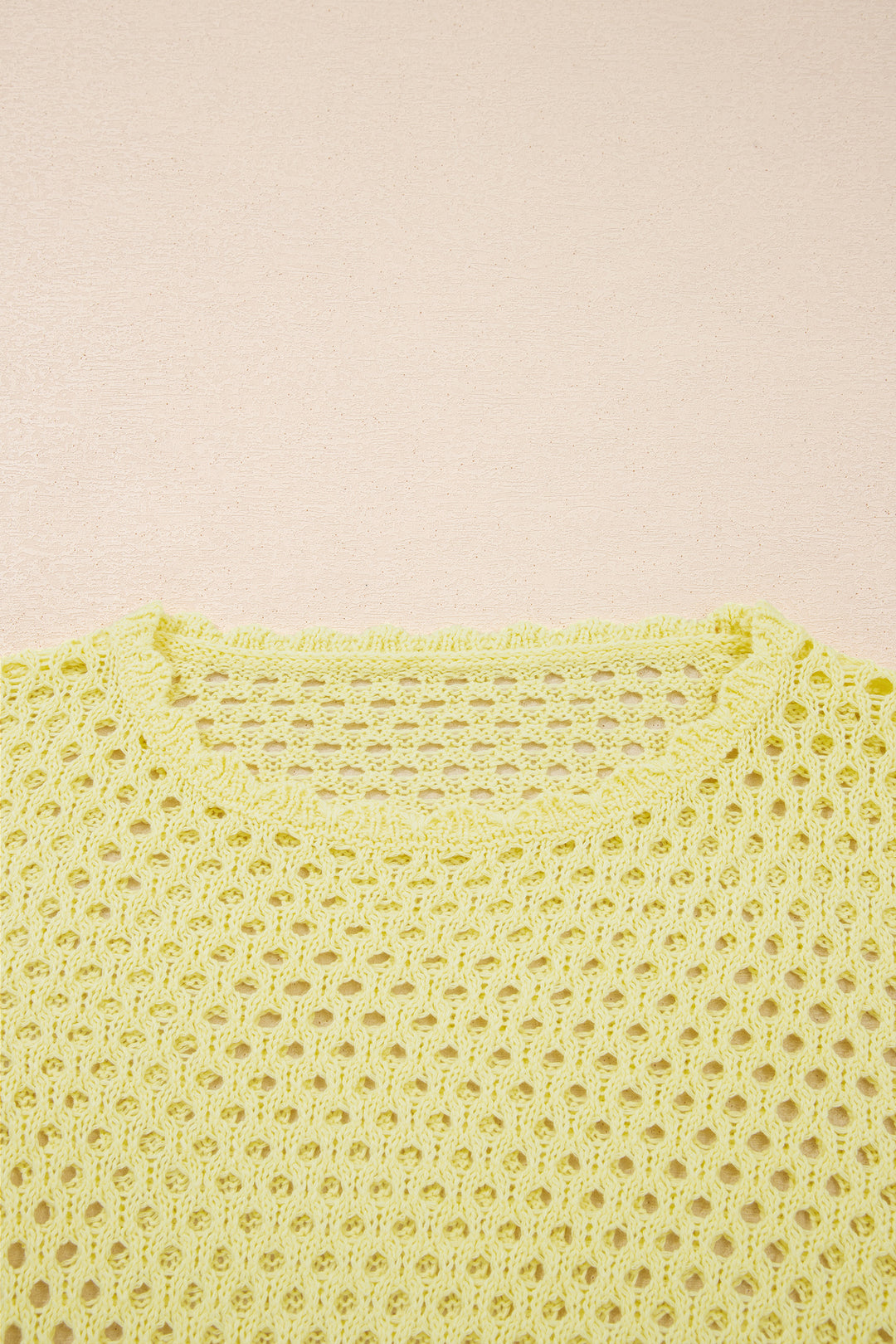 Yellow Cream Scalloped Trim Hollow Out Knit Long Sleeve Top