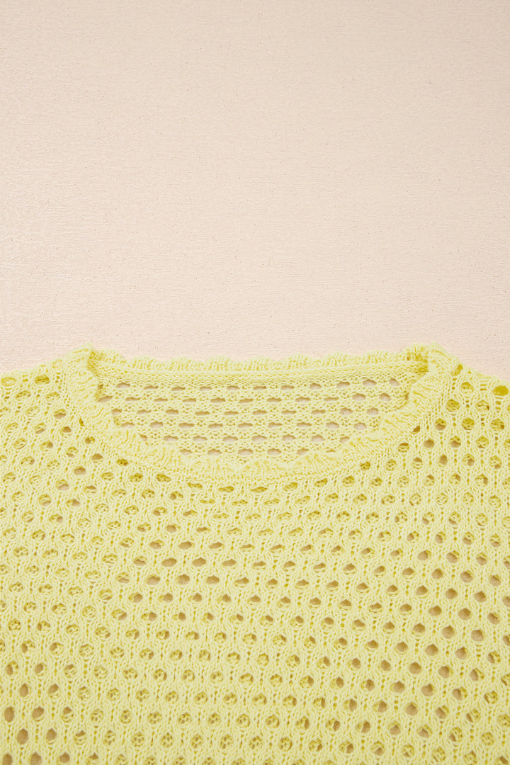 Yellow Cream Scalloped Trim Hollow Out Knit Long Sleeve Top