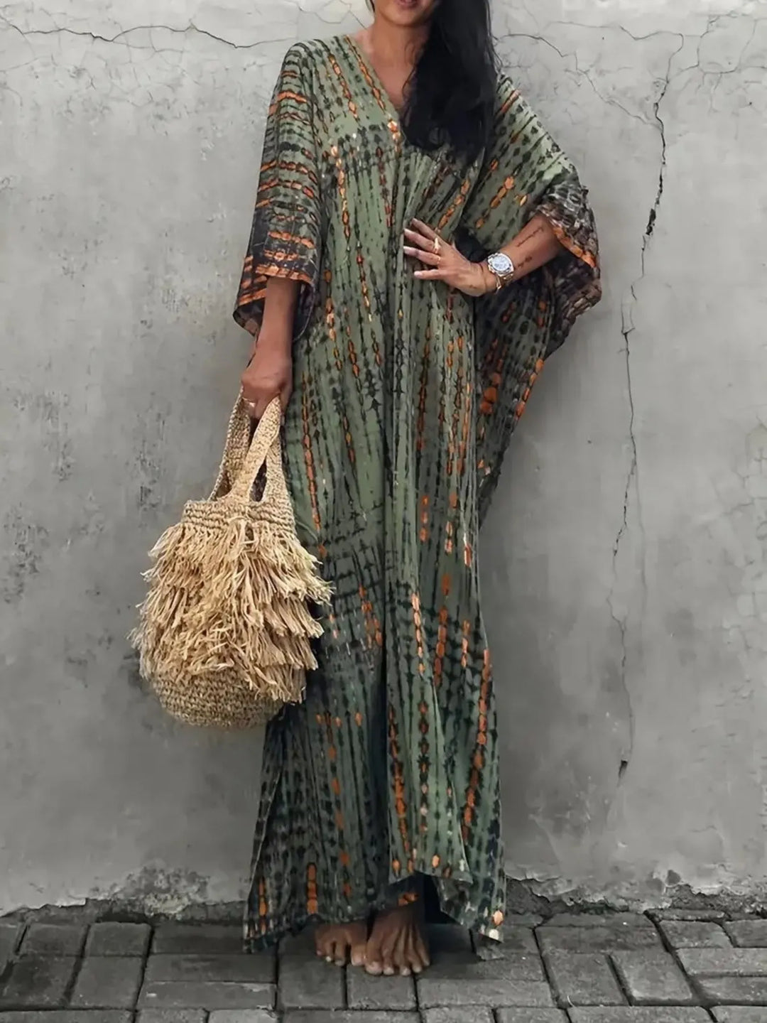 Tie-Dye V-Neck Maxi Dress with Flowy Sleeves