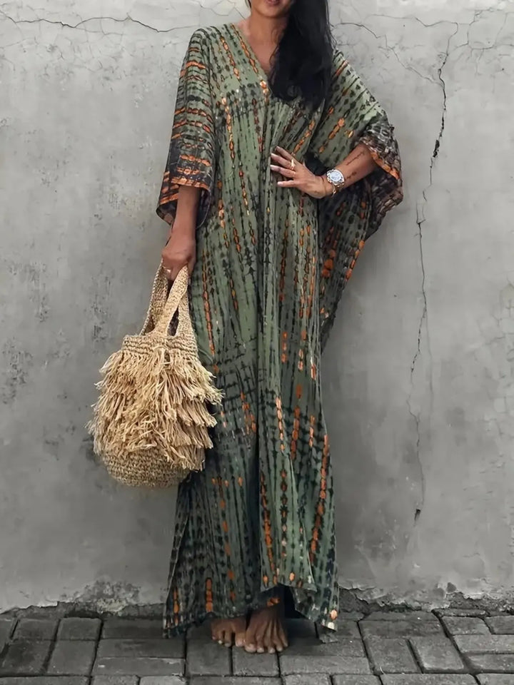 Tie-Dye V-Neck Maxi Dress with Flowy Sleeves