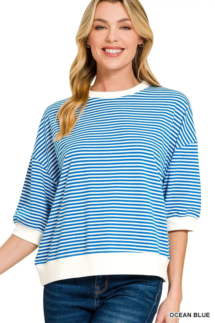 Zenana Striped Contrast Trim Banded Bottom Top