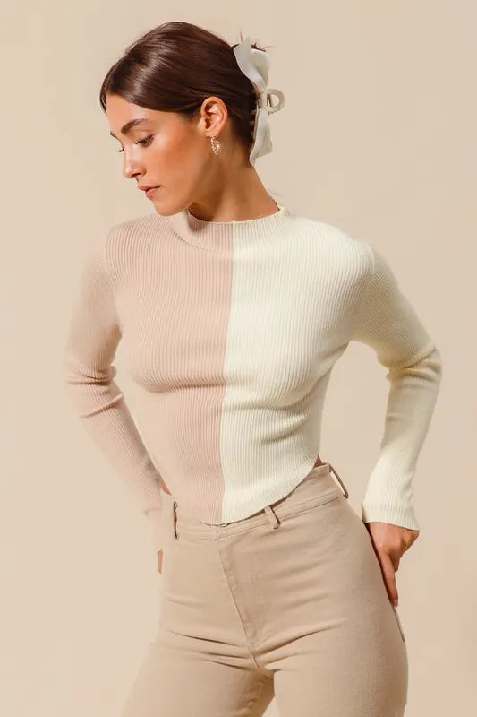 SO ME Color Block Fitted Crop Sweater Top