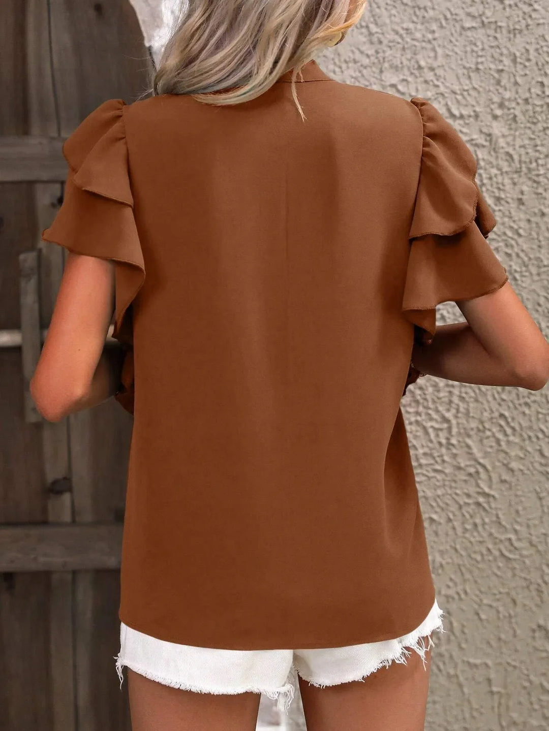 Ruffle Sleeve Notched Blouse