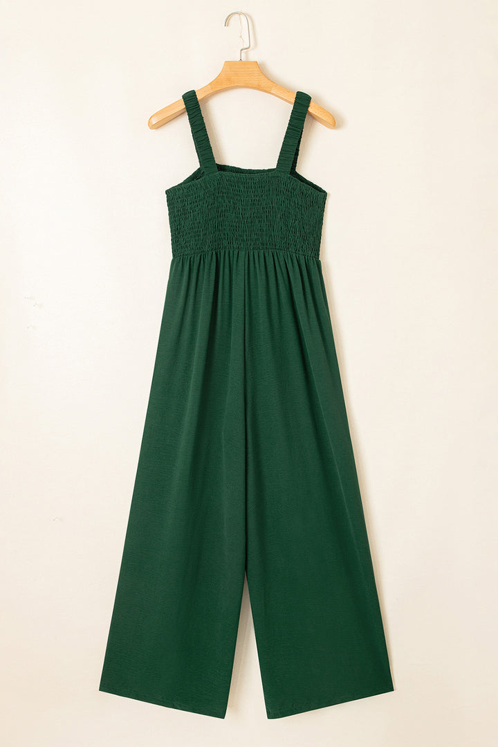 Green Smocked Sleeveless Wide Leg Jumpsuit with Pockets
