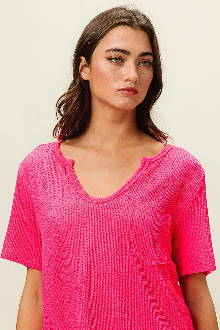 BiBi Waved Rib U Neck Top With Front Pocket