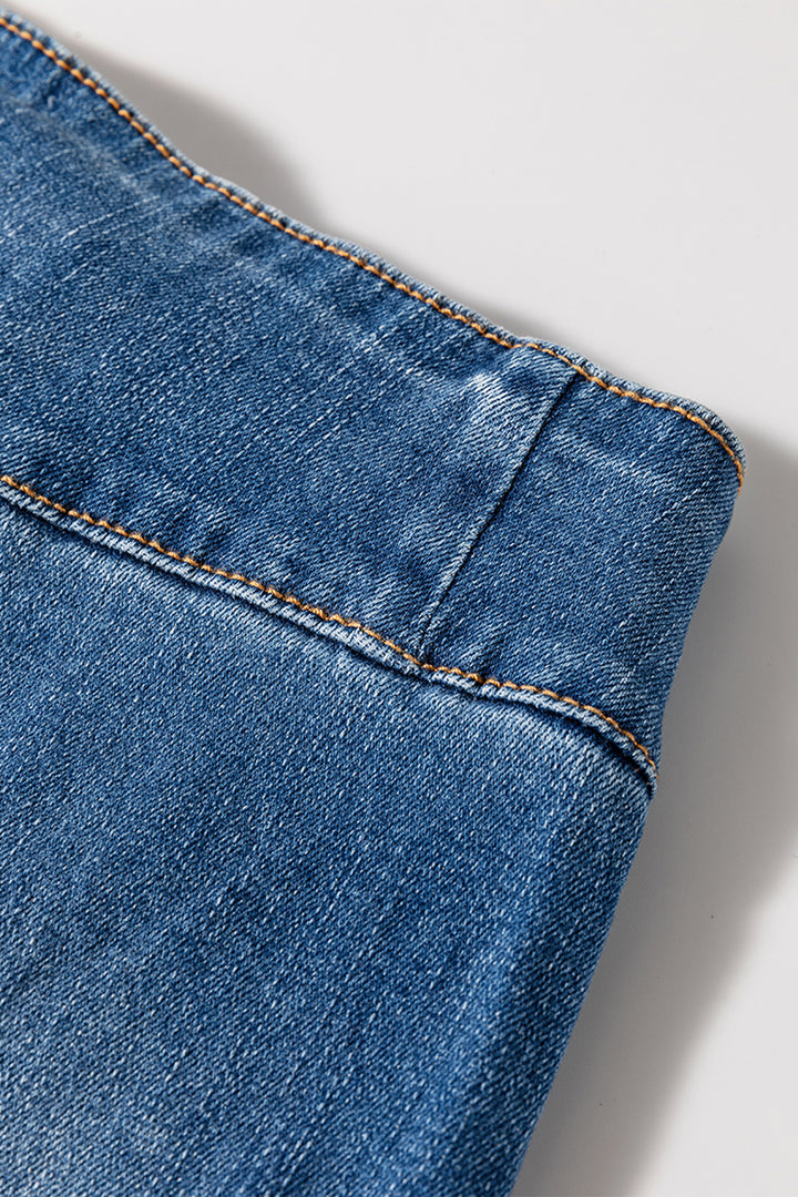 海軍藍高腰羈扣門襟縫合毛邊喇叭牛仔褲