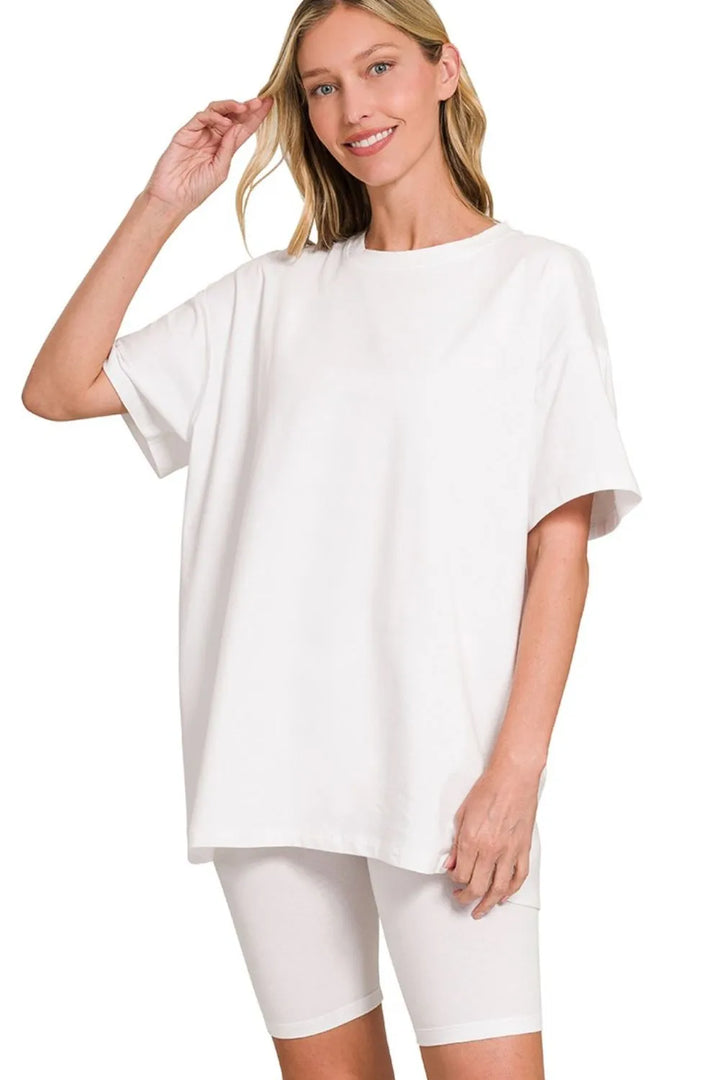 Zenana Cotton Round Neck Top & Biker Shorts