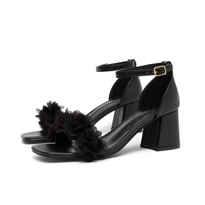 Square-toe Chunky-heel Sandals With A Buckle And Floral Detail, Open-toe Design