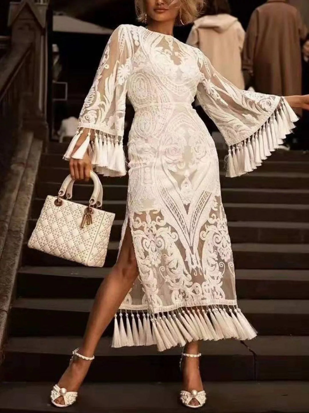 Full Size Tassel Hem Lace Flare Sleeve Dress Plus Size