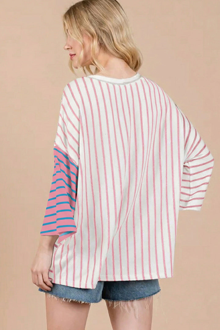 Pink Stripe Colorblock 3/4 Sleeve Loose T Shirt
