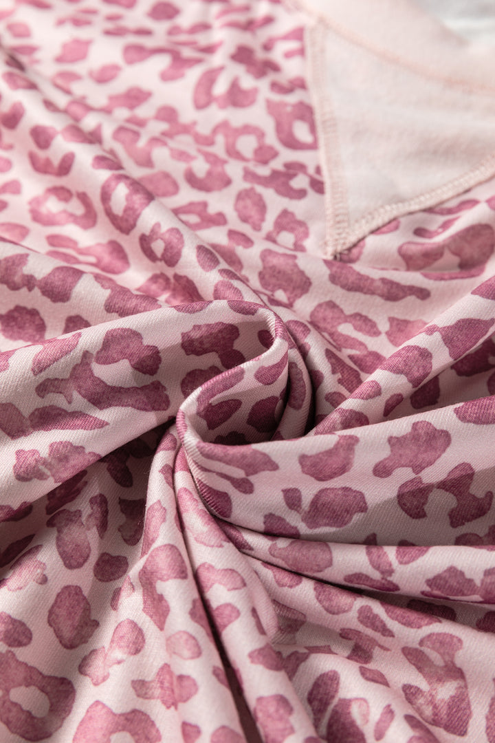 Pink Leopard Print Patchwork Crew Neck Sweatshirt