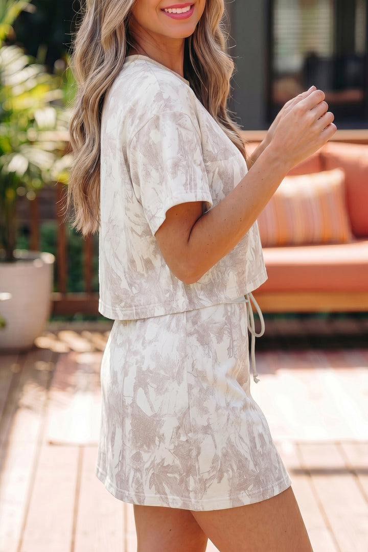 Gray Woodland Camo Print Raw Edge Cropped Top Skirt Set