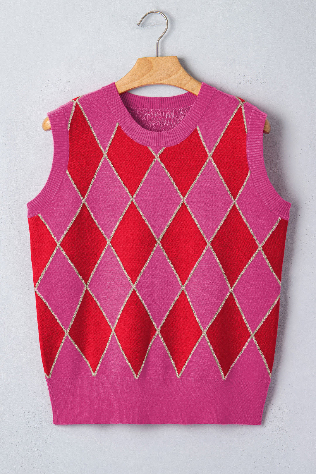 Rose Glitter Trim Rhombus Pattern Knit Sweater Vest