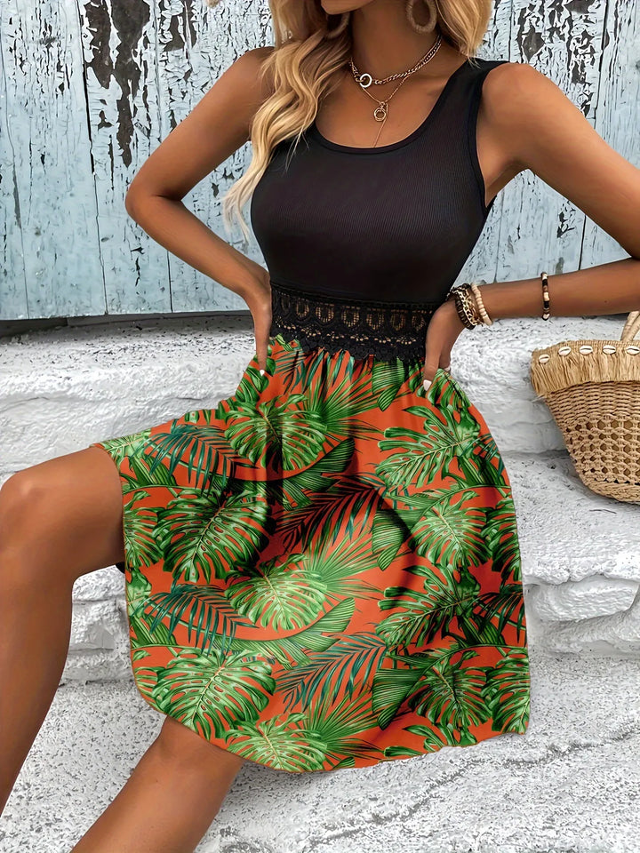 Tropical Print Sleeveless Summer Dress with Lace Waist Detail