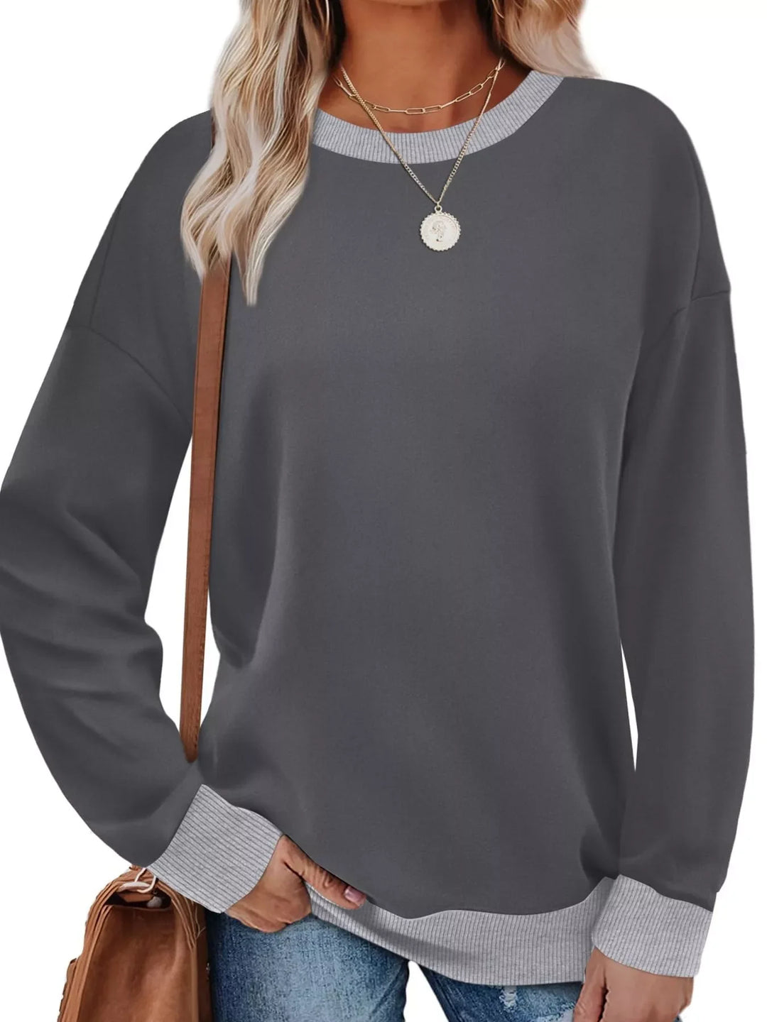Contrast Trim Crew Neck Casual Sweatshirt