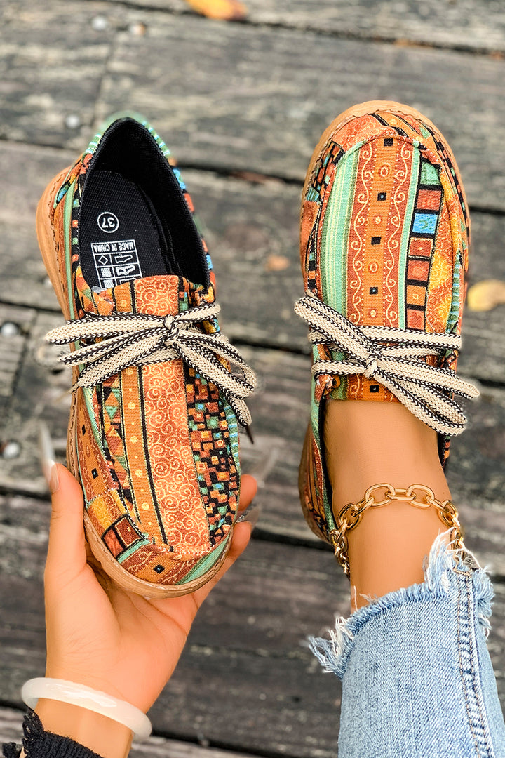 Mustard Ethnic Artistic Print Lace-up Detail Comfort Loafer Shoes