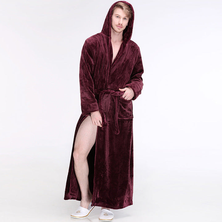 Mens Winter Hooded Thickened Long-Style Nightgown