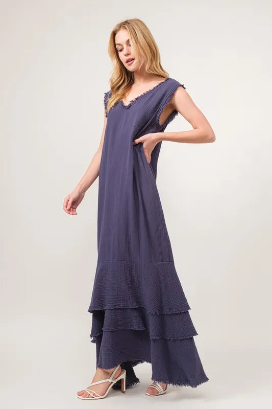And The Why Washed Cotton Gauze Fringe Detail Tiered Dress