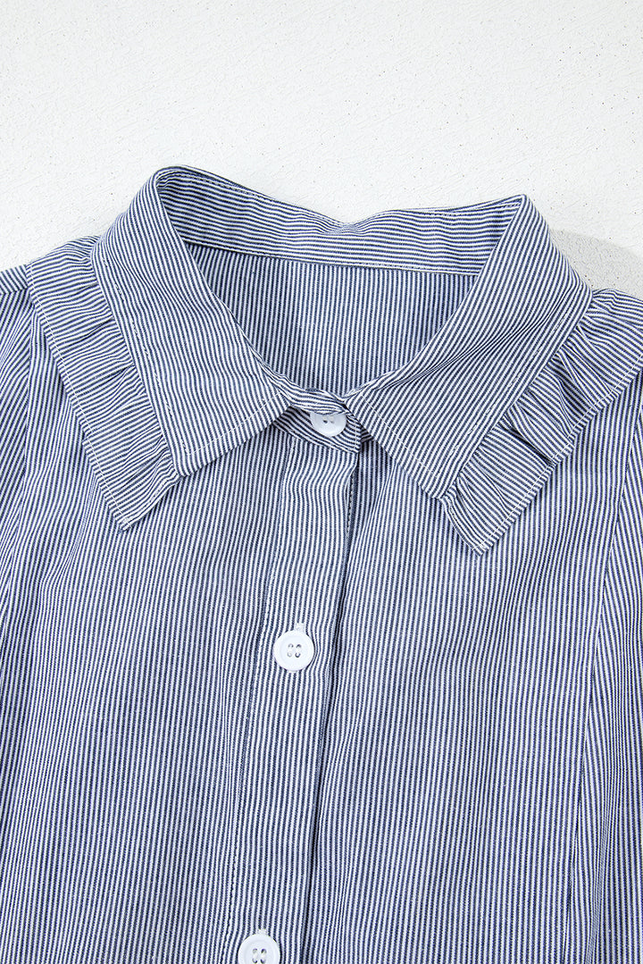 Robe courte boutonnée à rayures bleues, col sans manches, poche avant, col à volants