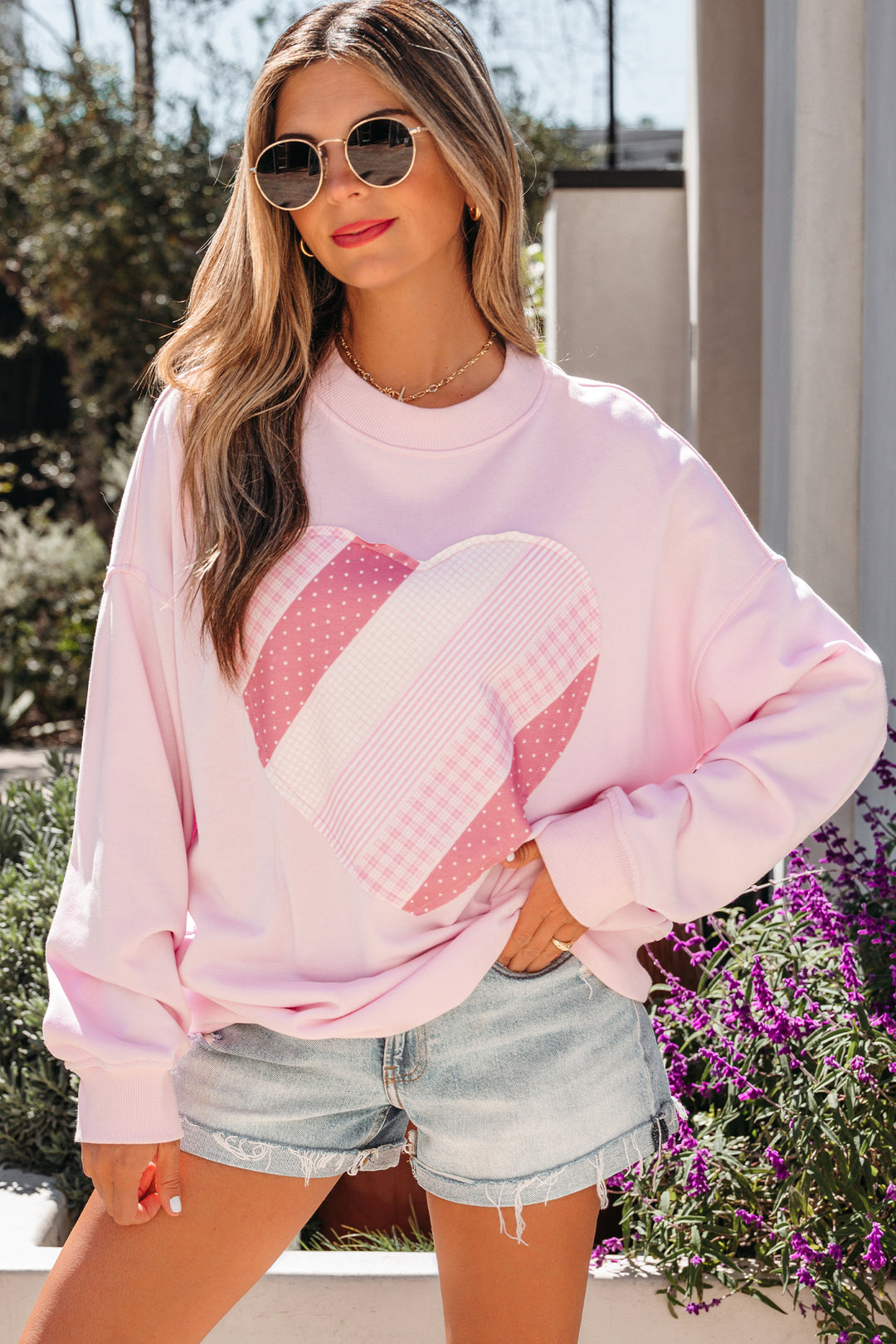 Light Pink Sweetheart Patchwork Mockneck Oversize Sweatshirt