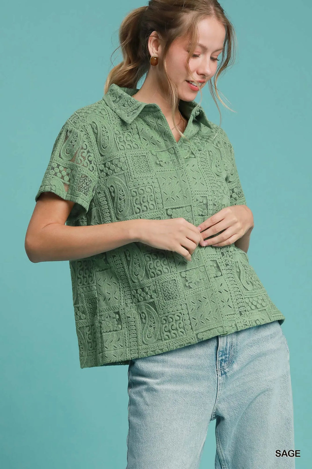 Umgee Patch Lace Short Sleeve Button Down Shirt