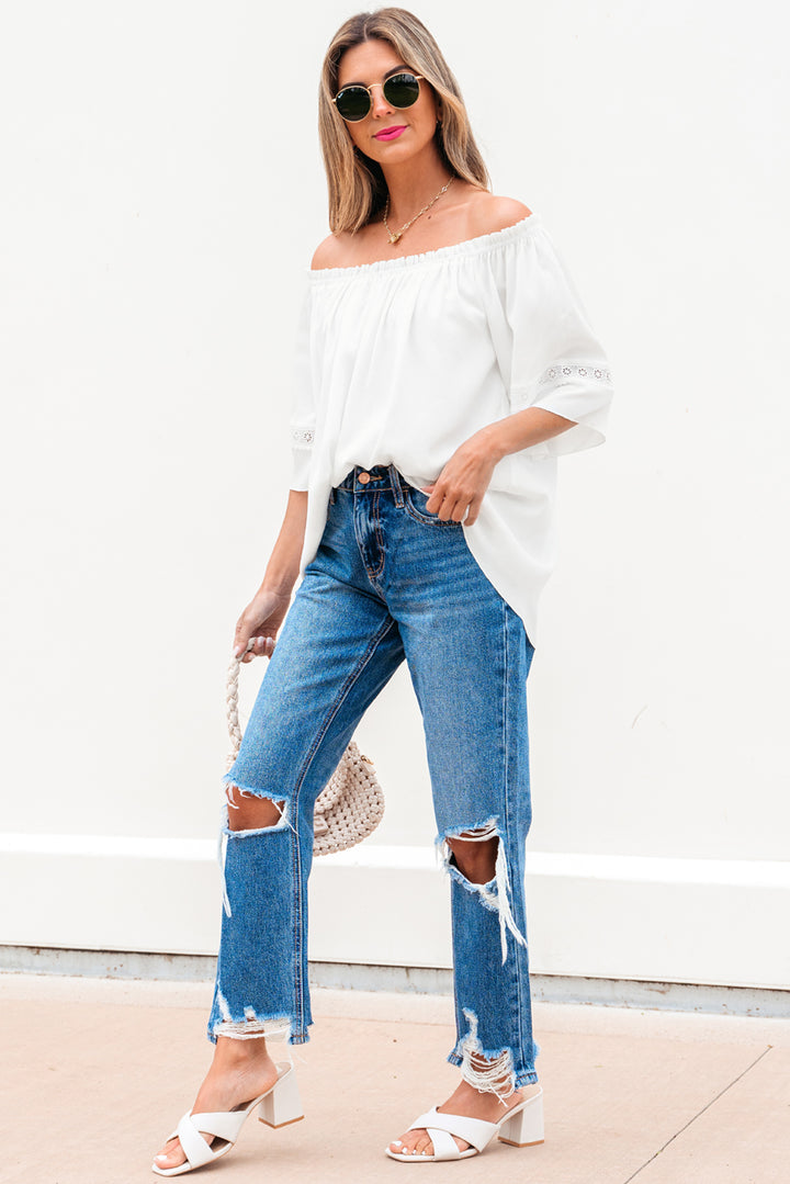 White Frilly Off Shoulder Lace Insert Sleeve Textured Blouse