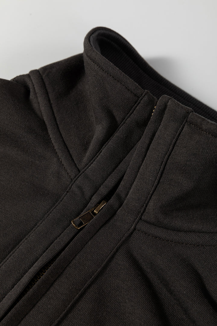 Carbon Grey Waffle Knit Patchwork Half Zipped Casual Sweatshirt