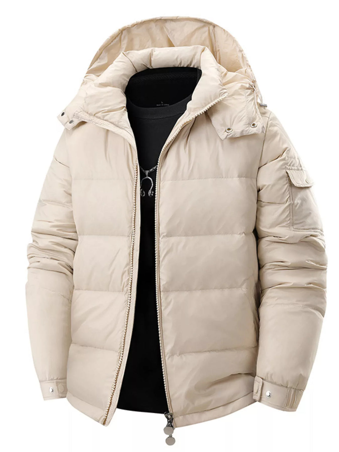 Men's Full Size Hooded Puffer Jacket with Side Zipper Pockets Plus Size