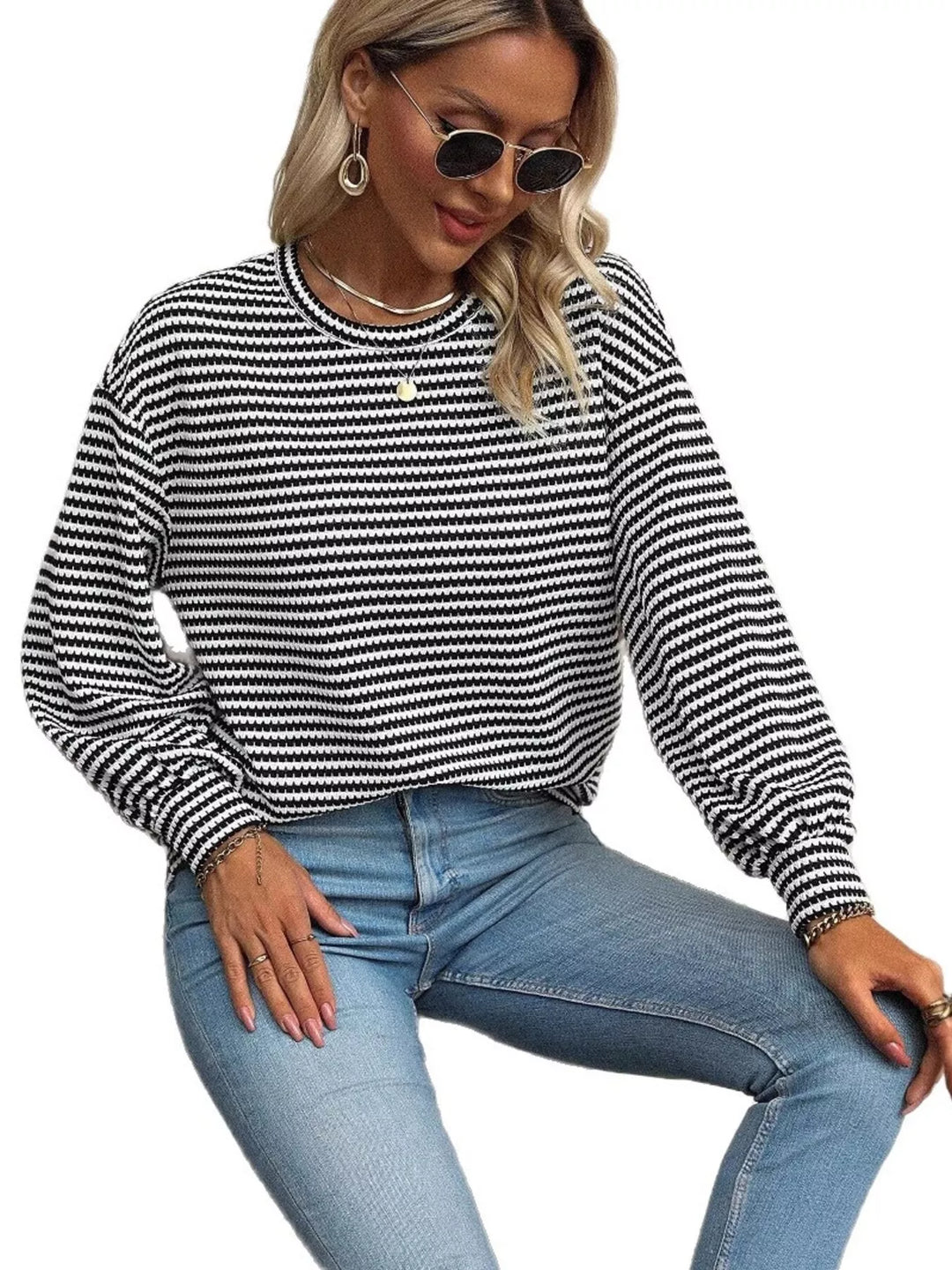 Striped Round Neck Lantern Sleeve Top