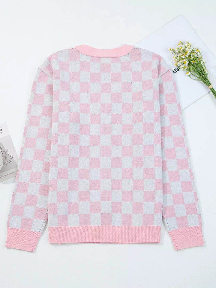 Christmas Tree Pattern Checkered Button V Neck Cardigan