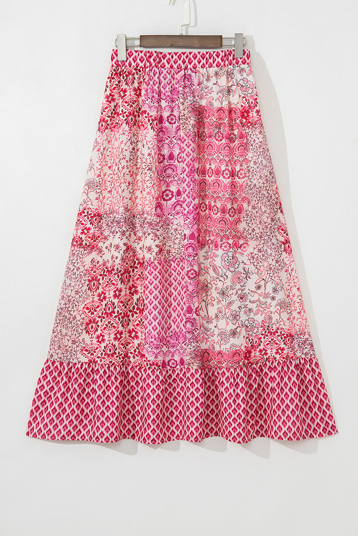 Red Boho Pattern Print Tassel Drawstring High Waist Maxi Dress