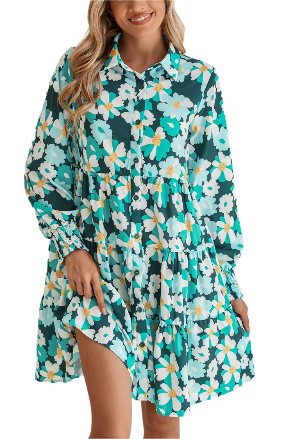 Mini-robe à volants et imprimé floral vert noirâtre, avec poignets froncés