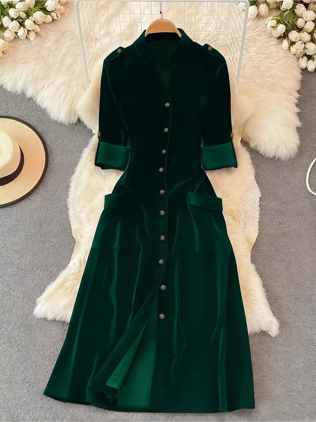 Velvet Button-Down Midi Dress