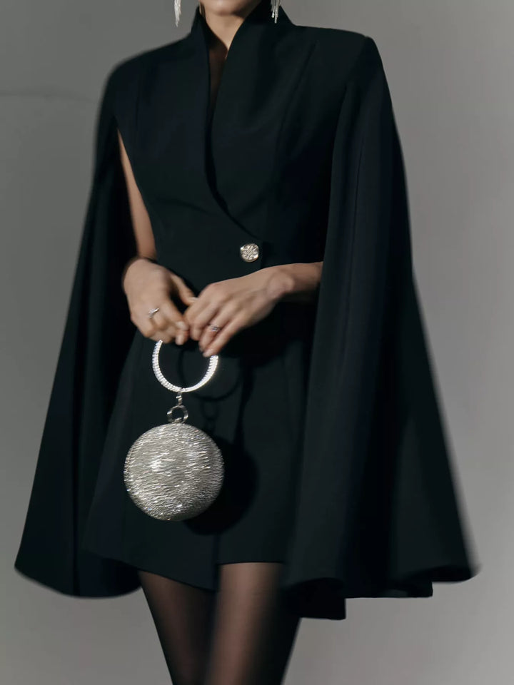 One Button Fitted Mini Blazer Dress with Cape Sleeves