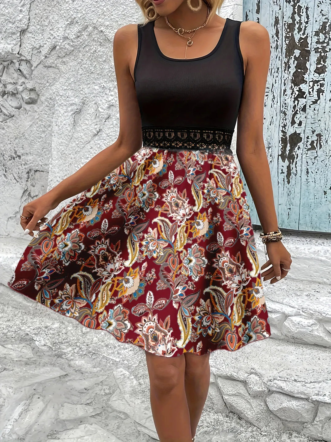 Printed A-Line Tank Dress with Lace Waist Detail