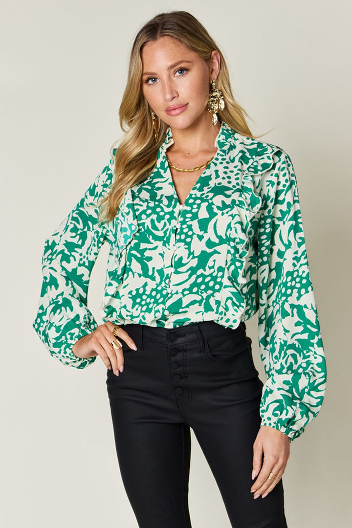 Printed Ruffle Balloon Sleeve Button-Down Top