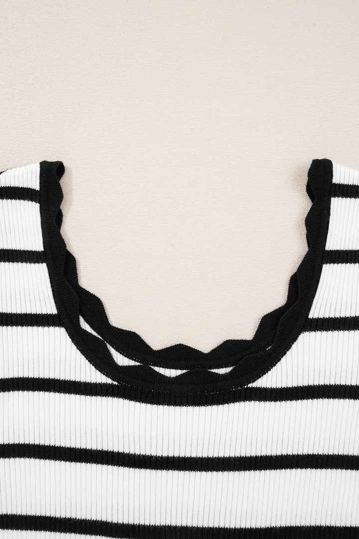 Black white Scalloped Trim U Neck Striped Ribbed Slim Sweater