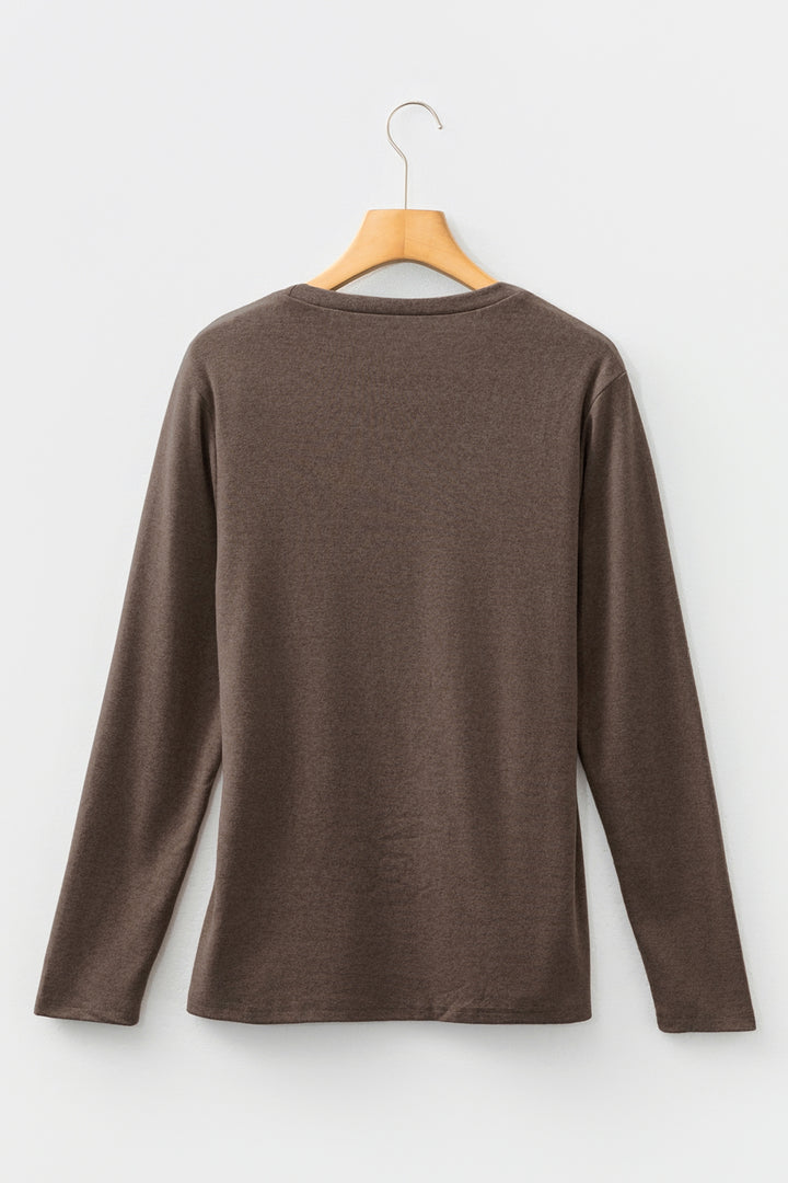 Chicory Coffee Solid Exposed Seam Crew Neck Long Sleeve Top