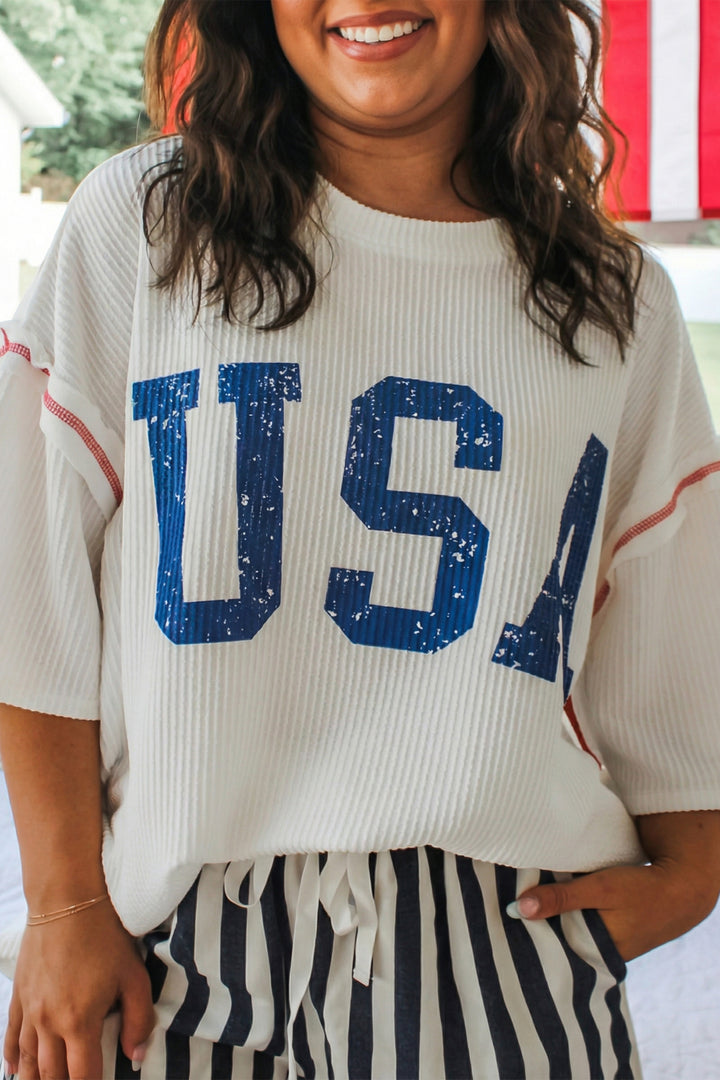 White Plus Size Twisted Rib Vintage USA Letter Printed T Shirt