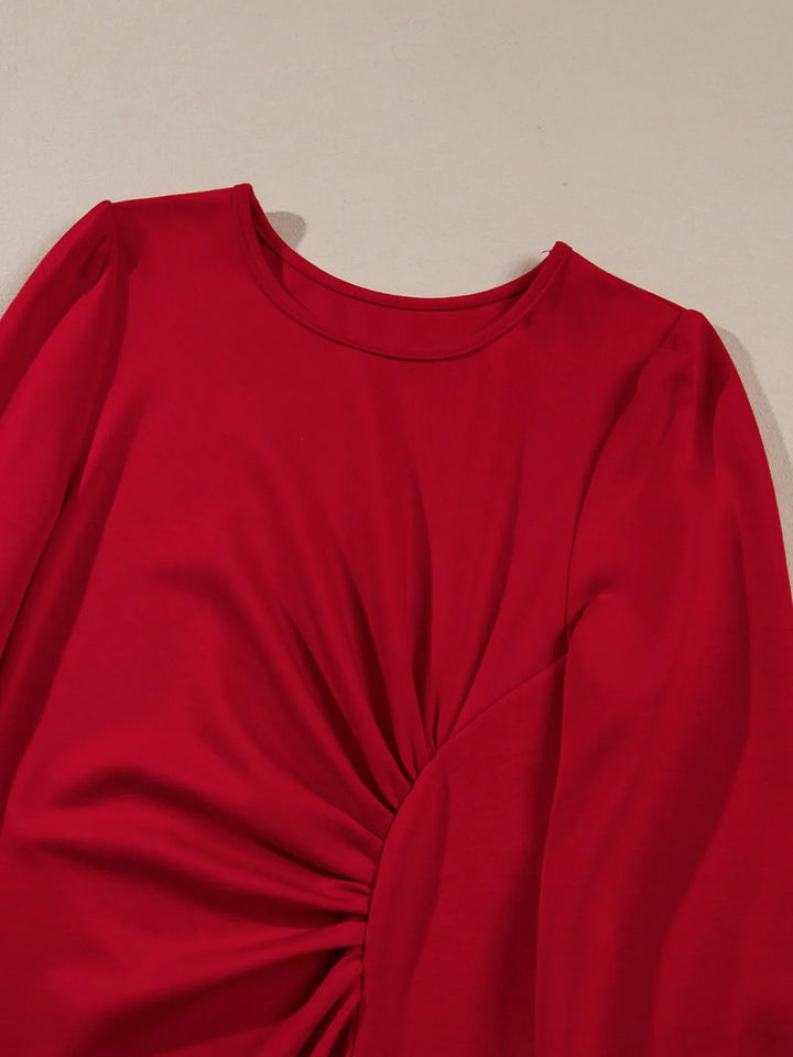 Solid Color Ruched Detail Long Sleeve Midi Dress